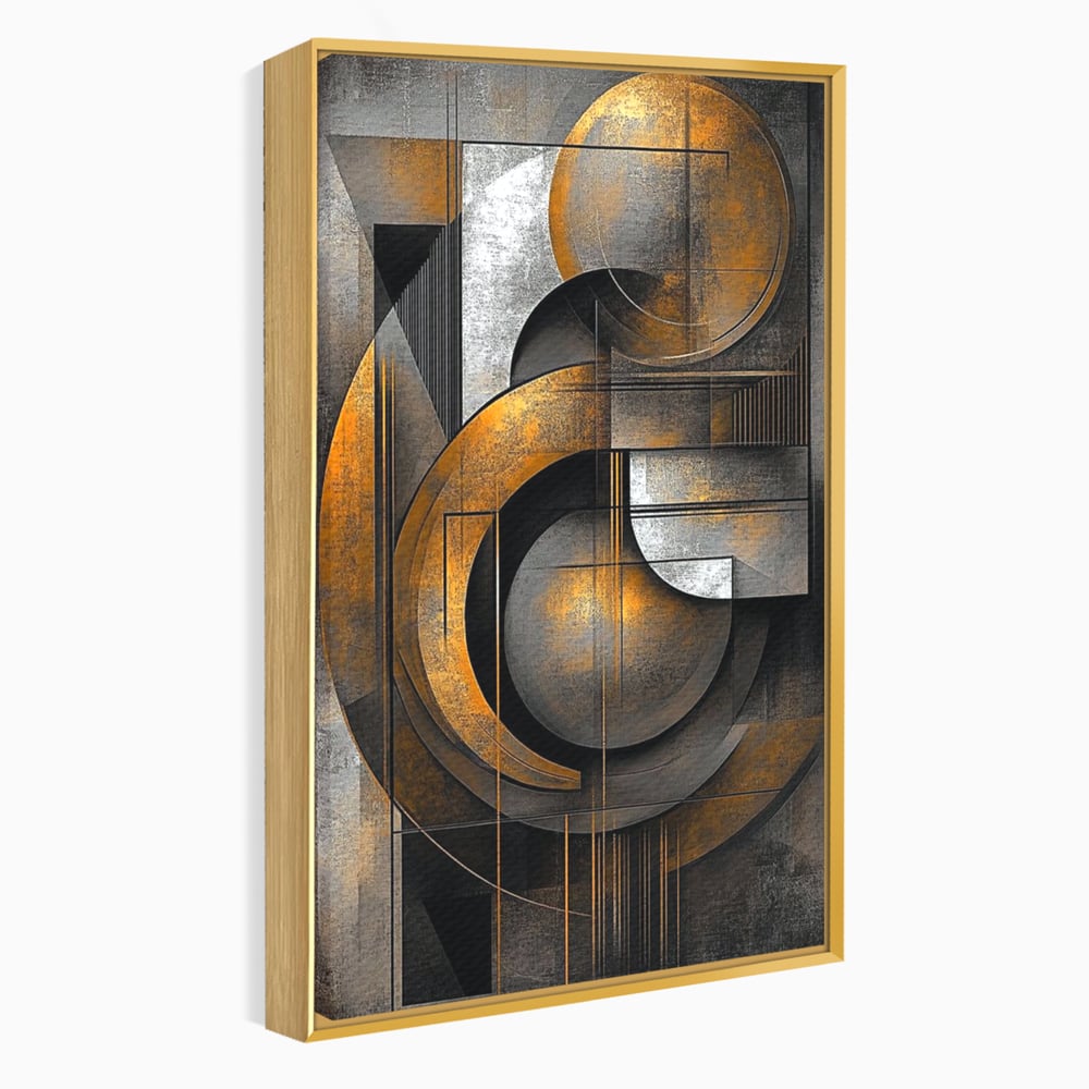 Tablou canvas cu tablou canvas geometric cu cercuri aurii si gri, in rama de aluminiu auriu